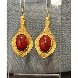 Robert Rose Hammered Gold Tone Marbled Red Cabochon Drop Earrings Womens
